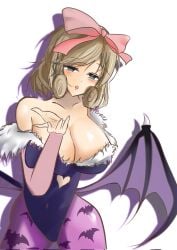 animal_print bare_shoulders bat_print bat_wings breasts cleavage cosplay crossover darkstalkers female green_eyes hair_ribbon haruka_(senran_kagura) highres large_breasts light_brown_hair morrigan_aensland morrigan_aensland_(cosplay) norunoru100 ribbon senran_kagura wings