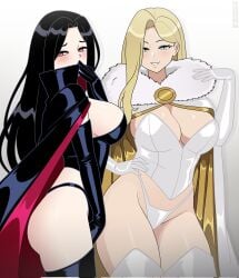 2girls black_hair blonde_hair cape character_request cleavage elbow_gloves emma_frost female female_only fully_clothed gloves leotard long_gloves marvel marvel_comics mutant_(marvel) nicolasgravelqc panties revealing_clothes thick_thighs x-men