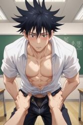 2boys abs ai_generated another_megumi bangs black_eyes black_hair black_male_underwear black_pants blush bulge bulge_through_clothing chalkboard classroom closed_mouth collarbone collared_shirt desk erect erect_penis erection erection_under_clothes erection_under_clothing fushiguro_megumi hair_between_eyes indoors jujutsu_kaisen looking_down male_focus male_underwear multiple_boys muscular muscular_male navel nipples open_clothes open_fly open_pants open_shirt pants pectorals penis_bulge pov school_desk school_uniform shirt short_hair short_sleeves solo_focus spiked_hair sweat sweatdrop sweating sweaty toned toned_male underwear undressing_another unzipped white_shirt yaoi