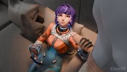 3d artist_name blender blizzard_entertainment cozy3d fully_clothed_female handjob indoors juno_(overwatch) looking_at_partner looking_up no_penetration on_phone overwatch overwatch_2 purple_hair sitting_on_couch sole_female sole_male watermark