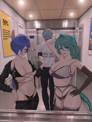 1boy 2girls angels_of_delusion big_breasts cecilia_(zenless_zone_zero) cellphone elevator grey_hair large_breasts lingerie long_hair multiple_girls older_female parted_lips phone promeia_(zenless_zone_zero) reflection selfie short_hair smartphone wise_(zenless_zone_zero) younger_male zenless_zone_zero