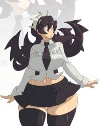 belly belly_button big_breasts filia_(skullgirls) leedraw11 leggings shirt skirt thick_thighs thighs tie voluptuous voluptuous_female wide_hips