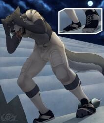 2023 4_toes 5_fingers artist_logo athletic_pants bandage bandaged_arm black_claws black_nose black_pawpads bleachers blue_eyes bodily_fluids bulge canid canine claws cleats close-up clothed clothing cloud collar comic cutaway detailed_bulge dipstick_tail drooling dutch_angle ears_down eyes_mostly_closed fasttrack37d feet fingers fluffy fluffy_tail foot_growth football_pants footwear fur grey_body grey_fur hand_on_head head_grab hi_res hunched_over light logo low-angle_view male mammal markings mid_transformation moonlight multicolored_body multicolored_fur multiple_scenes mythological_canine mythological_creature mythology narrowed_eyes navel night one_eye_closed outside pained_expression pawpads pecs piano_collar pivoted_ears saliva shaded sky socks soft_shading solo tail tail_markings tearing_clothing tight_clothing toe_claws toes tongue tongue_out topless torn_clothing torn_footwear torn_shoes torn_socks transformation two_tone_body two_tone_fur werecanid werecanine werecreature werewolf