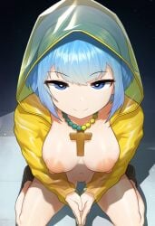 ai_generated altra_x big_areola blue_eyes blue_hair female female from_above kneeling looking_at_viewer luce_(vatican) medium_breasts necklace nipples partially_clothed praying raincoat short_hair smile