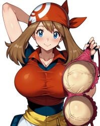 ai_generated athletic_female blue_eyes bra brown_hair game_freak gigantic_breasts holding_bra huge_bra huge_breasts light-skinned_female light_skin looking_at_viewer massive_breasts may_(pokemon) medium_hair nintendo pokemon smiling solo_female squatting sweat sweatdrop voluptuous voluptuous_female