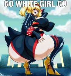 1girls artist_name ass blonde_hair breasts burnice_white female female_only fingerless_gloves gloves go_white_girl high_heels huge_ass huge_breasts light-skinned_female light_skin looking_at_viewer meme nipple_bulge open_mouth outdoors partially_visible_vulva presenting_ass red_eyes skirt smile solo squatting sunglasses sunglasses_on_head text thecon thick_thighs thighhighs tied_hair twintails zenless_zone_zero