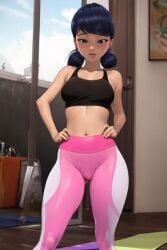 ai_generated bare_arms bare_midriff blue_eyes blue_hair blush cameltoe chloenette69 hands_on_hips ladybug_(character) looking_at_viewer marinette_cheng marinette_dupain-cheng miraculous:_tales_of_ladybug_and_cat_noir miraculous_ladybug sports_bra sweaty twintails yoga_mat yoga_pants