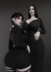 2girls 3d big_ass black_clothing black_hair braid cleavage dat_ass female female_only goth_girl huge_breasts morticia_addams mother_and_daughter pale_skin pale_skinned_female pawg popogori revealing_clothes standing thick voluptuous wednesday_addams