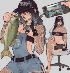 abs absurdres animal armlet bandeau barefoot baseball_cap bass_(fish) belt belt_buckle black_eyeliner black_eyeshadow black_hair black_nails black_shorts blue_eyes blue_hair blush body_blush bracelet braid braided_ponytail breasts buckle chair choker cleavage clothes_writing controller crossed_legs denim_overalls detached_sleeves ear_piercing english_text eyeliner eyeshadow feet female female_focus fingerless_gloves fish fishing_rod fishnet_pantyhose fishnet_sleeves fishnet_top fishnets full_body game_console gaming_chair gloves goth_fashion gradient_hair grey_background grey_eyes grey_lips hand_on_own_knee hat highres holding holding_animal holding_controller holding_fish holding_fishing_rod jewelry large_breasts linea_alba lip_piercing lipstick long_hair looking_at_viewer makeup meme midriff multicolored_hair multiple_bracelets multiple_piercings multiple_views muscular muscular_female navel nose_piercing nose_ring obliques on_chair original overalls pantyhose piercing ponytail screen screenshot_inset sega sega_bass_fishing short_shorts shorts single_glove single_leg_pantyhose sitting solo standing steam_deck strapless studded_bracelet studded_gloves swivel_chair toned toned_female torn_clothes tube_top underboob video_game water wet women_want_me_fish_fear_me_(meme) yoracrab