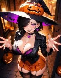 ai_generated big_breasts black_hair black_jacket black_legwear black_stockings bra breasts choker cleavage curvy curvy_body curvy_female curvy_figure curvy_hips garter_straps halloween halloween_costume looking_at_viewer luna_(starlightnex) massive_breasts mature_female miniskirt mischievous_smile original original_character pumpkin purple_eyes short_hair shorter_female size_difference smile smiling_at_viewer starlightnex stockings thick_hips thick_legs thick_thighs trick_or_treat wholesome witch witch_hat