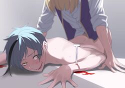 2boys anal bleeding blonde_hair blood blue_hair blush clothed_male_nude_male commentary_request floyd_leech green_eyes grey_background guro heterochromia highres lying male_focus multiple_boys nude on_stomach prone_bone purple_vest rchu rook_hunt sex sharp_teeth short_hair stab teeth twisted_wonderland vest yaoi yellow_eyes