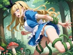 ai_generated alice_in_wonderland alice_liddell blonde_hair blue_dress historyia imminent_rape imminent_tentacle_rape mushroom mushrooms original original_character panties plant plant_tentacle plant_tentacles teenage_girl tentacle tentacles_around_arms tentacles_around_legs upskirt woods younger_female