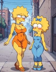 2girls ai_generated blue_dress blush cleavage hairbow height_difference large_breasts lisa_simpson maggie_simpson medium_breasts orange_dress outdoors pearl_necklace platform_footwear sandals sisters size_difference skindentation slit_dress spiked_hair spiky_hair street taut_clothes the_simpsons thick_thighs wide_hips yellow_skin zakvar