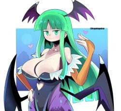 aqua_eyes aqua_hair breasts capcom cleavage darkstalkers dorago_dorago dragodragodran female huge_breasts large_breasts long_hair looking_at_viewer milf morrigan_aensland skimpy_clothes smile solo succubus tagme wings