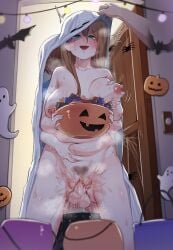 1boy 1girls areola ass big_ass big_breasts big_thighs blush breasts brown_hair butt erect_nipples female ghost ghost_costume ghost_girl green_eyes halloween halloween_costume huge_ass huge_breasts huge_thighs long_hair male mocomori nipples original original_character penetration penis penis_in_pussy pubic_hair pussy pussy_ejaculation pussy_juice pussy_juice_drip sex squirt squirting sweat sweatdrop sweating tagme thick_hips thick_thighs thighs wet wet_body wet_pussy