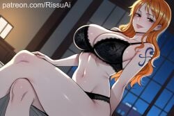 1girls 2026 ai_generated bedroom big_ass big_breasts black_bra black_panties brown_eyes bubble_ass bubble_butt cinematic cute cute_face cute_female female female_only half_naked hand_on_knee high_resolution highres huge_ass huge_breasts looking_at_viewer nami_(one_piece) night one_piece orange_hair patreon patreon_username rissuai sexy sexy_body sexy_female sexy_pose toned toned_body toned_female tongue_out