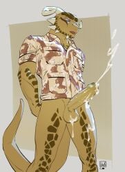 anthro argonian balls bodily_fluids bottomless bottomless_anthro bottomless_male clothed clothing cum cum_on_balls cum_on_penis cumshot digital_media_(artwork) ejaculation erection foreskin genital_fluids genitals hands-free hi_res horn humanoid_genitalia humanoid_penis lion21 male male_only microsoft partially_retracted_foreskin penis scalie shirt simple_background solo standing tail the_elder_scrolls topwear