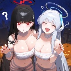 ai_generated athletic_female bare_thighs big_breasts black_hair blue_archive closed_eyes gigantic_breasts halloween halloween_costume huge_breasts huge_thighs light-skinned_female light_skin long_hair looking_at_viewer massive_breasts mummy mummy_costume mummy_wrappings noa_(blue_archive) pumpkin red_eyes rio_(blue_archive) solo_female squatting sweat sweatdrop thick_body thick_female thick_thighs thighs voluptuous voluptuous_female white_hair