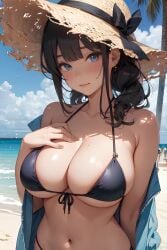 ai_generated beach beach_hat bikini black_hair blue_eyes breasts fbps35 jacket original original_character