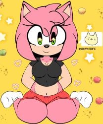 1girls amy_rose arms_behind_back bare_midriff black_shirt black_tank_top clothed clothed_female clothes clothing female female_only furry furry_female furry_only hands_behind_back kneeling kneeling_female mawstrife midriff multicolored_fur on_knees pink_body pink_fur pink_skin red_shorts shirt shoes shorts solo solo_female sonic_(series) sonic_the_hedgehog_(series) tank_top white_shoes