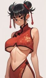 1girls ai_generated alternate_costume black_hair blunt_bangs chinese_clothes ching_shih_(kosine1777) exposed_stomach exposed_thighs hair_buns hair_ornament kosine1777 kosineverse large_breasts original original_character pointy_chin red_dress red_eyes thighs underboob