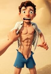 abs ai_generated beach disney gay luca_(pixar_film) luca_paguro male_only open_shirt partially_visible_penis rodin666 shocked_expression torn_clothes twink yaoi