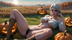 ai_generated bra breasts cameltoe ciri collar female green_eyes halloween light-skinned_female looking_at_viewer nipples_visible_through_clothing outdoors pumpkin scar solo the_witcher_(series) the_witcher_3:_wild_hunt thealphega thong white_hair