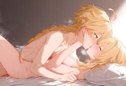 1boy 1girls aether_(genshin_impact) ai_generated blonde_hair blush brother_and_sister genshin_impact gold_eyes horny_female incest kissing long_hair lumine_(genshin_impact) mihoyo naked pleasure_face sex straight