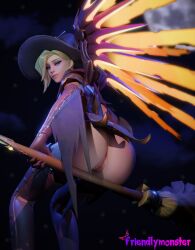 1girls 3d 3d_(artwork) ass blender blizzard_entertainment blonde_hair blue_eyes bottomless broom_riding female female_focus female_only friendlymonster gloves light-skinned_female light_skin mercy night outdoors overwatch overwatch_2 pussy solo watermark wings witch witch_hat