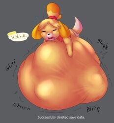 animal_crossing emeraldfur female_pred isabelle_(animal_crossing) lying_on_stomach mass_vore same_size_vore soft_vore struggling struggling_prey unwilling unwilling_prey vore vore_belly