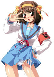 1futa brown_eyes brown_hair bulge cum cum_on_clothes futa_only futanari headband highres human intersex penis school_uniform solo studio_sunadokei suzumiya_haruhi suzumiya_haruhi_no_netsubou suzumiya_haruhi_no_yuuutsu