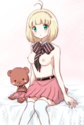 1girls ao_no_exorcist blush breasts female female_only moriyama_shiemi nipples pointy_chin ribbon solo thighhighs topless white_thighhighs