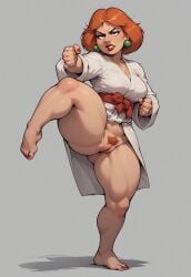 1girls ai_generated angry barefoot bottomless family_guy karate_gi kung_fu lipstick lois_griffin orange_hair pose pubic_hair pussy solo standing_on_one_leg tagme toenail_polish