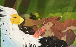 animated anthro balls black_body black_feathers bodily_fluids breasts brolaren brown_body brown_fur claws closed_eyes cum cum_in_mouth cum_inside cum_on_penis deep_throat duo feathers fellatio female finger_claws fur genital_fluids genitals hand_on_head hi_res long_tongue male male/female mammal oral oral_penetration orgasm pangolin penetration penile penis scales sex smile tongue tongue_out tongue_out_fellatio white_body white_feathers yellow_sclera