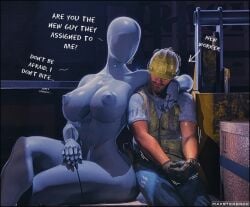 bigger_female clothed_male clothed_male_nude_female faceless_character faceless_female female female_bigger looking_at_another male male/female mannequin medium_breasts nervous nude robot robot_girl shy size_difference