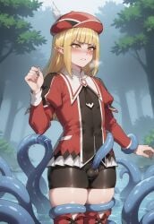 1boy ai_generated blonde_hair blush bulge crotch_rub elf femboy futoku_no_guild jouthechou noma_rune penis_bulge pointy_ears shorts tentacle tentacle_on_male tentacle_rubbing thiccwithaq_(ai_style) visible_breath