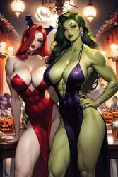 abs ai_generated ai_hands atmospheric beautiful_females crossover earrings halloween hug jennifer_walters jessica_rabbit looking_at_viewer marvel marvel_comics muscular_female party people_in_background purple_dress red_dress sevalgold she-hulk sportive table who_framed_roger_rabbit