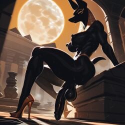 abs ai_generated anthro anubis ass athletic balls breasts egyptian egyptian_mythology foreskin futanari high_heels looking_at_viewer moon mythology night penis sweat