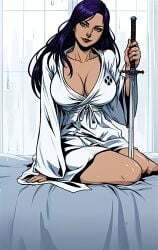 ai_generated betsy_braddock blue_eyes dressed large_breasts looking_at_viewer marvel marvel_comics psylocke purple_hair raining sword webart20 white_bed white_robe x-men