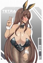 1girls black_nails blush brown_hair bunny_ears bunnysuit caprednahu dark-skinned_female dark_skin female female_only goddess_of_victory:_nikke huge_breasts long_hair nahusmash noir_(nikke) solo v wrist_cuffs yellow_eyes