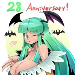 aqua_eyes aqua_hair breasts capcom cleavage darkstalkers dorago_dorago dragodragodran female huge_breasts large_breasts long_hair looking_at_viewer milf morrigan_aensland skimpy_clothes smile solo succubus tagme wings