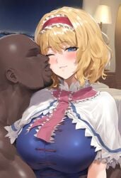 ai_generated alice_margatroid big_breasts blonde_hair dark-skinned_male mikayori touhou