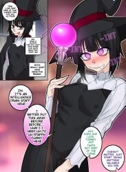 1_girl 1_girls 1girls black_clothes black_hair black_hat blush clothed female hypnosis hypnosis_eyes intelligence_drain intelligence_loss magic magic_staff pale_skin purple_eyes robbery text text_bubble