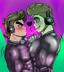 2boys big_breasts gay gay_kissing headphones hypnosis hypnotic_eyes rubber tight_clothing