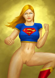 blonde_hair blue_eyes bognag bottomless dc female long_hair looking_at_viewer navel pussy supergirl