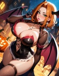 ai_generated big_breasts breasts choker cleavage curly_hair curvy curvy_body curvy_female curvy_figure curvy_hips fishnet_legwear freckles ginger_hair green_eyes halloween halloween_costume huge_breasts looking_at_viewer mature_female mommy navel original original_character short_hair sister_catherine_(starlightnex) slutty_outfit smile starlightnex succubus succubus_costume succubus_wings thick_ass thick_hips thick_lips thick_thighs very_short_skirt visible_nipples voluptuous