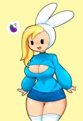 animal_ears animal_hood black_eyes blonde_hair blush breasts bunny_hood cleavage cleavage_cutout curvy female food large_breasts long_hair meme_attire miniskirt object_on_head open-chest_sweater simple_background skirt smile solo sweater thick_thighs thigh_gap thighhighs thighs tongue tongue_out wide_hips yellow_background