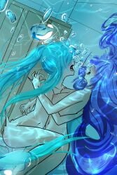 2girls air_bubbles bathroom blue_hair drowning flooded marima666_(artist) underwater water