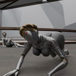 ass ass_up atomic_heart ballerina doggy_style female girl gold jacket left_(atomic_heart) posing prone_bone right_(atomic_heart) robot thick thighs twins