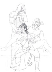 3boys character_request clothed_sex final_fantasy final_fantasy_x final_fantasy_xiii jecht_(final_fantasy) line_art male male_only monochrome multiple_males penis snow_villiers tagme threesome torn_clothes video_games yaoi